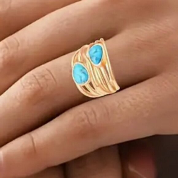 18K Gold-Plated Synthetic Turquoise Ring, Wide Crossed Design, size 7 - Picture 6 of 7